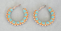 a3718 Turquoise/tangerine bead/rhinestone hoop earrings
