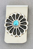 Money clip with cast silver and turquoise flower
