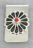 Money clip with cast silver and coral flower