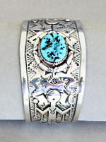 a649 Silver overlay and stampwork Yei cuff bracelet
