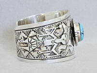 a649 Silver overlay and stampwork Yei cuff bracelet, side view